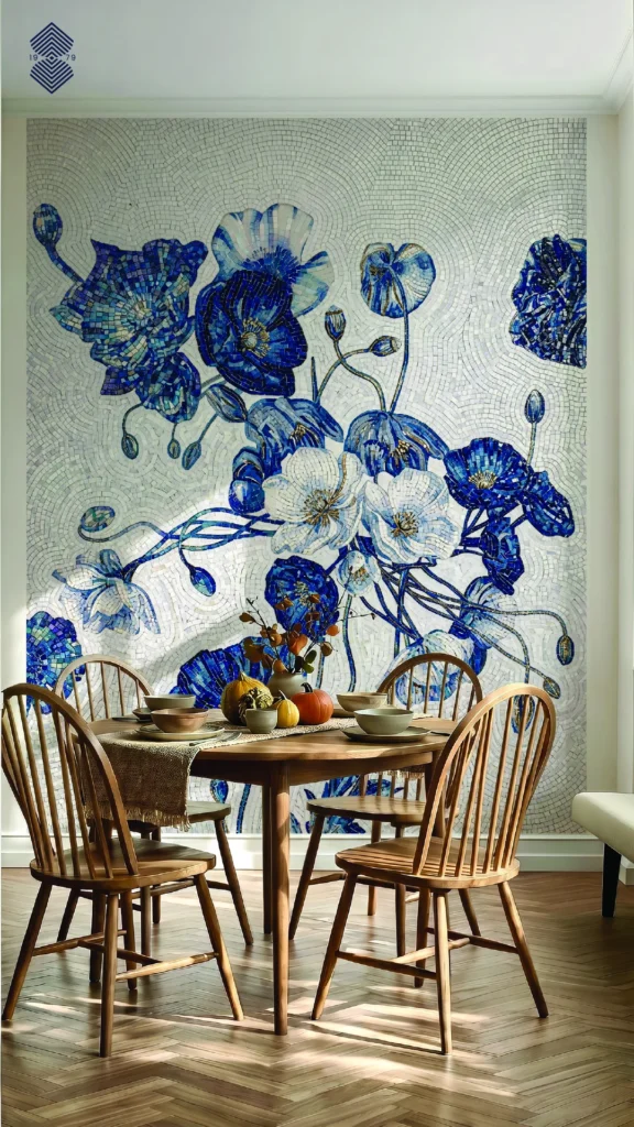 A dining area with round wooden table and four spindle-back chairs, with a stunning blue poppies accent wall. It has white flowers on a light background.