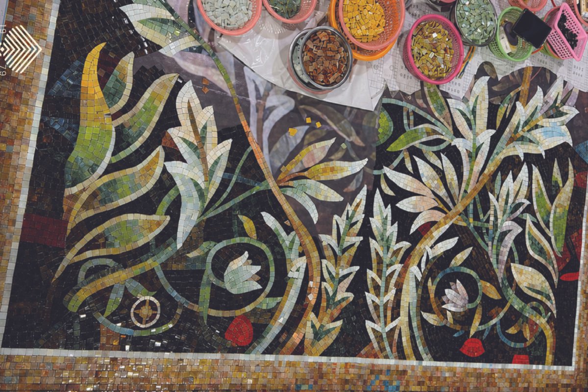 Luxury glass mosaic botanical wall mural in a UAE home