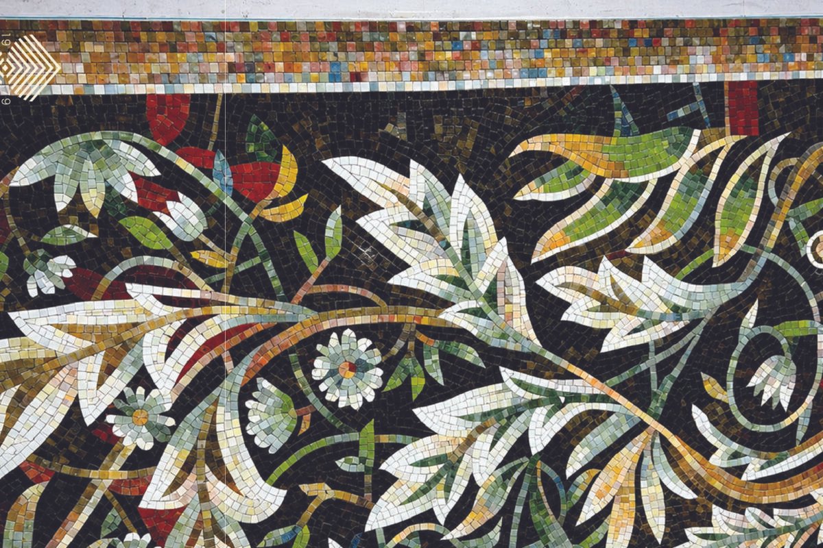 Handcrafted floral mosaic mural for a Dubai villa interior