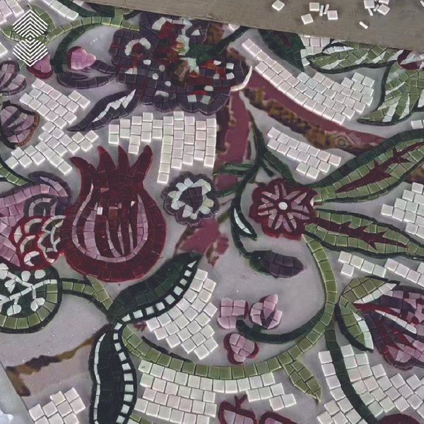 Mosaic artwork inspired by the ottoman period showcasing floral pattern, s pomegranate and green stems
