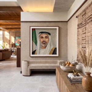 Handcrafted mosaic portrait of His Highness Sheikh Khaled bin Mohamed bin Zayed Al Nahyan displayed in an elegant contemporary interior.