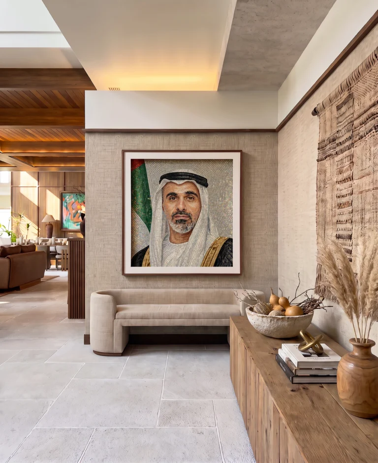 Handcrafted mosaic portrait of His Highness Sheikh Khaled bin Mohamed bin Zayed Al Nahyan displayed in an elegant contemporary interior.