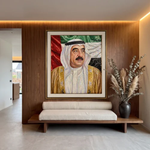 Handcrafted glass and marble mosaic portrait of His Highness Sheikh Saud bin Rashid Al Mualla with the UAE flag backdrop.