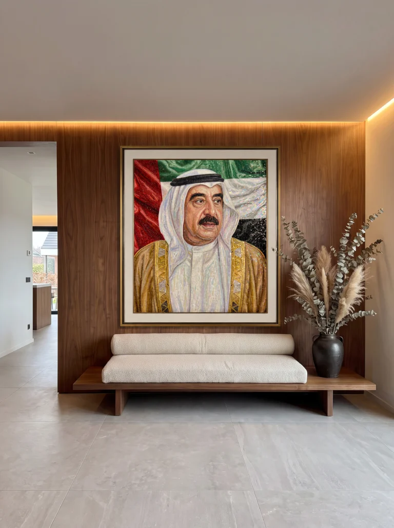 Handcrafted glass and marble mosaic portrait of His Highness Sheikh Saud bin Rashid Al Mualla with the UAE flag backdrop.