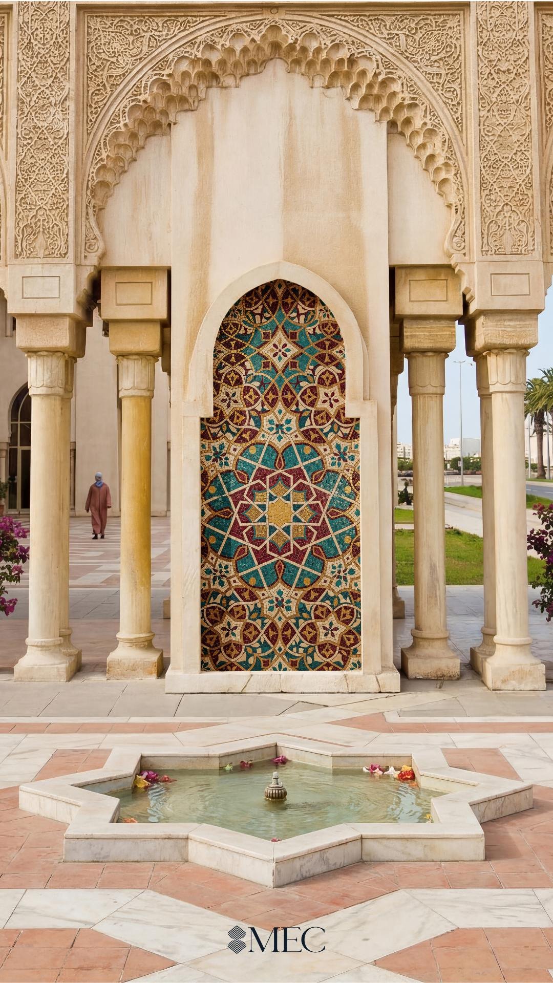 An outdoor courtyard featuring our Islamic mosaic collection. Star-shaped fountain and a carved stone archway that frames a vibrant teal, red, and gold geometric mosaic panel.