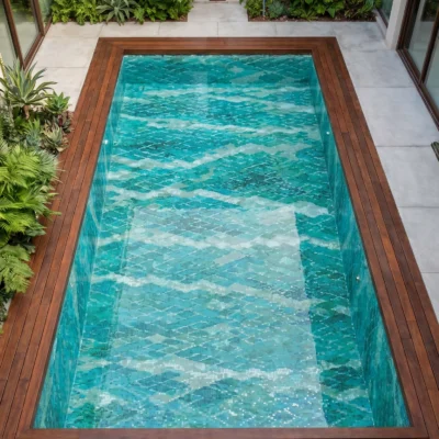 Luxury swimming pool featuring a handcrafted glass mosaic with flowing aqua, turquoise, and blue wave-inspired patterns beneath crystal-clear water.