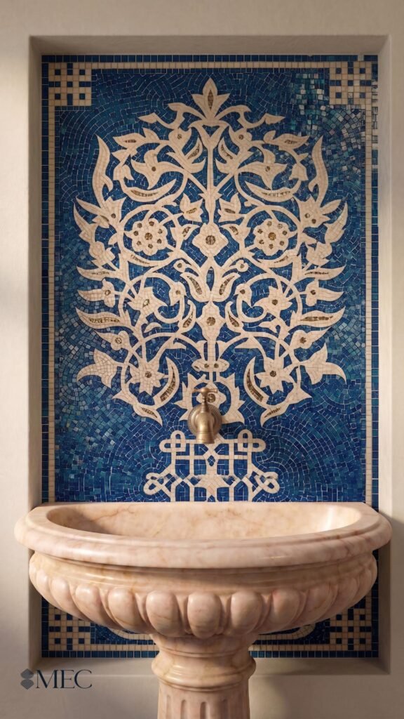 A marble fountain basin beneath a wall panel that features a white floral mosaic on a dark blue background.