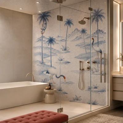 Blue mosaic mural featuring cranes, palm trees, tropical landscape, and mountains, creating a tranquil luxury shower feature wall.
