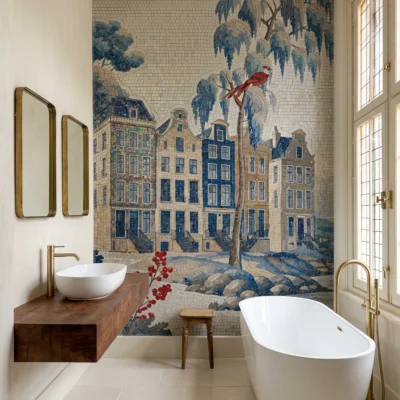 Handcrafted mosaic mural of European canal houses, willow tree, and scarlet bird, creating an elegant bathroom feature wall.