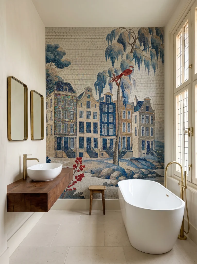 Handcrafted mosaic mural of European canal houses, willow tree, and scarlet bird, creating an elegant bathroom feature wall.