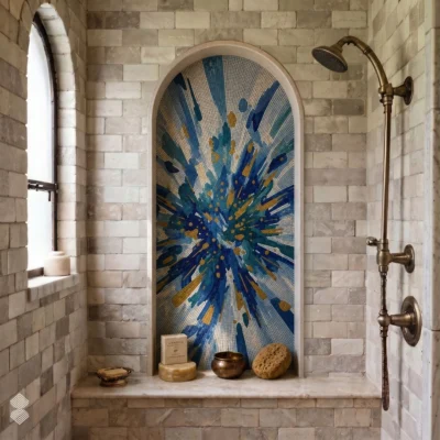 The Cerulean Burst glass and marble mosaic featuring radiating blue, turquoise, ivory and gold abstract forms within an arched shower niche.