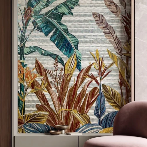 The Date Palm Reserve glass and marble mosaic featuring layered tropical leaves in teal, green, rust and gold against a warm ivory mosaic background.