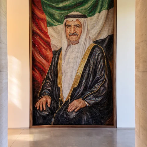Handcrafted glass and marble mosaic portrait of His Highness Sheikh Hamad bin Mohammed Al Sharqi with the UAE flag backdrop.