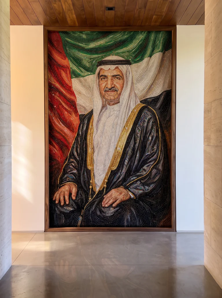 Handcrafted glass and marble mosaic portrait of His Highness Sheikh Hamad bin Mohammed Al Sharqi with the UAE flag backdrop.