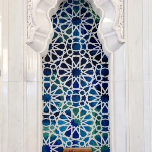 Girih Star glass and marble mosaic featuring intricate Islamic geometric patterns in cobalt blue, turquoise, teal, emerald green, and white.