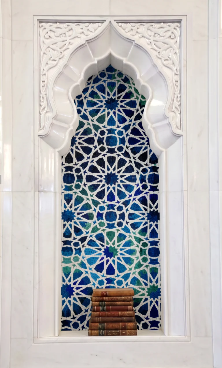 Girih Star glass and marble mosaic featuring intricate Islamic geometric patterns in cobalt blue, turquoise, teal, emerald green, and white.