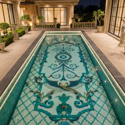Handcrafted glass and marble pool mosaic featuring ornate arabesque scrollwork and geometric lattice created with mosaic tesserae.