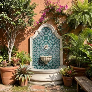 Handcrafted turquoise glass and marble mosaic fountain with intricate Islamic geometric patterns, creating an elegant focal point in a lush garden courtyard.