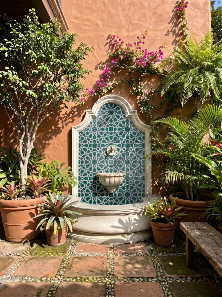 Handcrafted turquoise glass and marble mosaic fountain with intricate Islamic geometric patterns, creating an elegant focal point in a lush garden courtyard.