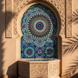 Handcrafted glass and marble mosaic fountain featuring intricate Islamic geometric patterns in cobalt blue, turquoise, green, ivory, and terracotta.
