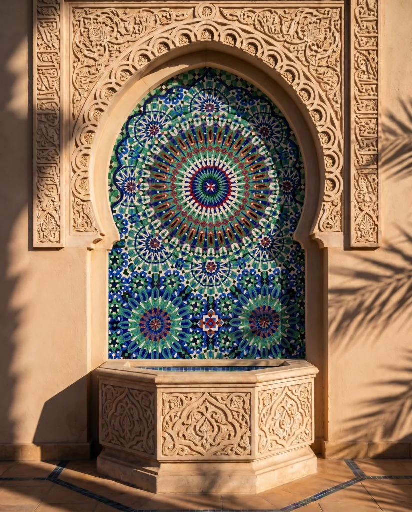 Handcrafted glass and marble mosaic fountain featuring intricate Islamic geometric patterns in cobalt blue, turquoise, green, ivory, and terracotta.
