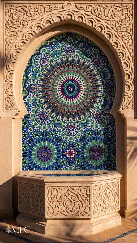 A carved stone fountain set within an archway, backed by a complex blue, green, and white geometric star mosaic.