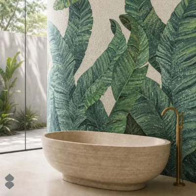 The Verdant Retreat glass and marble mosaic featuring oversized tropical green leaves on an ivory background behind a luxury freestanding bathtub.