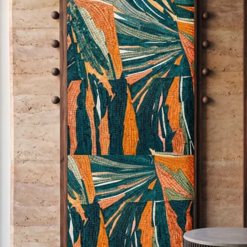 The Vermeil glass and marble mosaic featuring abstract tropical leaves in deep teal, burnt orange, terracotta, sage and cream tones.