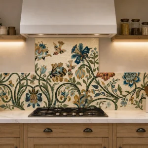 Zahra Bloom glass and marble mosaic kitchen backsplash featuring flowing floral patterns, birds, leaves, and botanical motifs in blue, green, gold, and ivory.