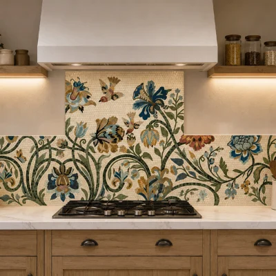 Zahra Bloom glass and marble mosaic kitchen backsplash featuring flowing floral patterns, birds, leaves, and botanical motifs in blue, green, gold, and ivory.