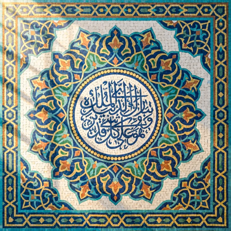 Islamic mosaic featuring Arabic calligraphy within a blue geometric medallion, surrounded by intricate arabesque borders and ivory stone.