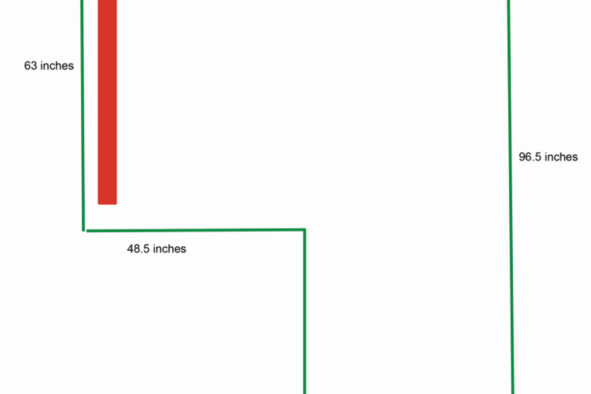 A simple outline drawing of an L-shaped room. It has green borders, a red rectangle on the left side, and numbers showing how long each wall is.