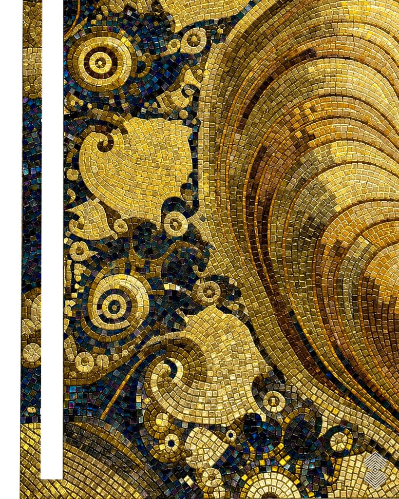 A digital picture of a large gold and dark gray swirling pattern that is shaped to fit perfectly into an L-shaped room.