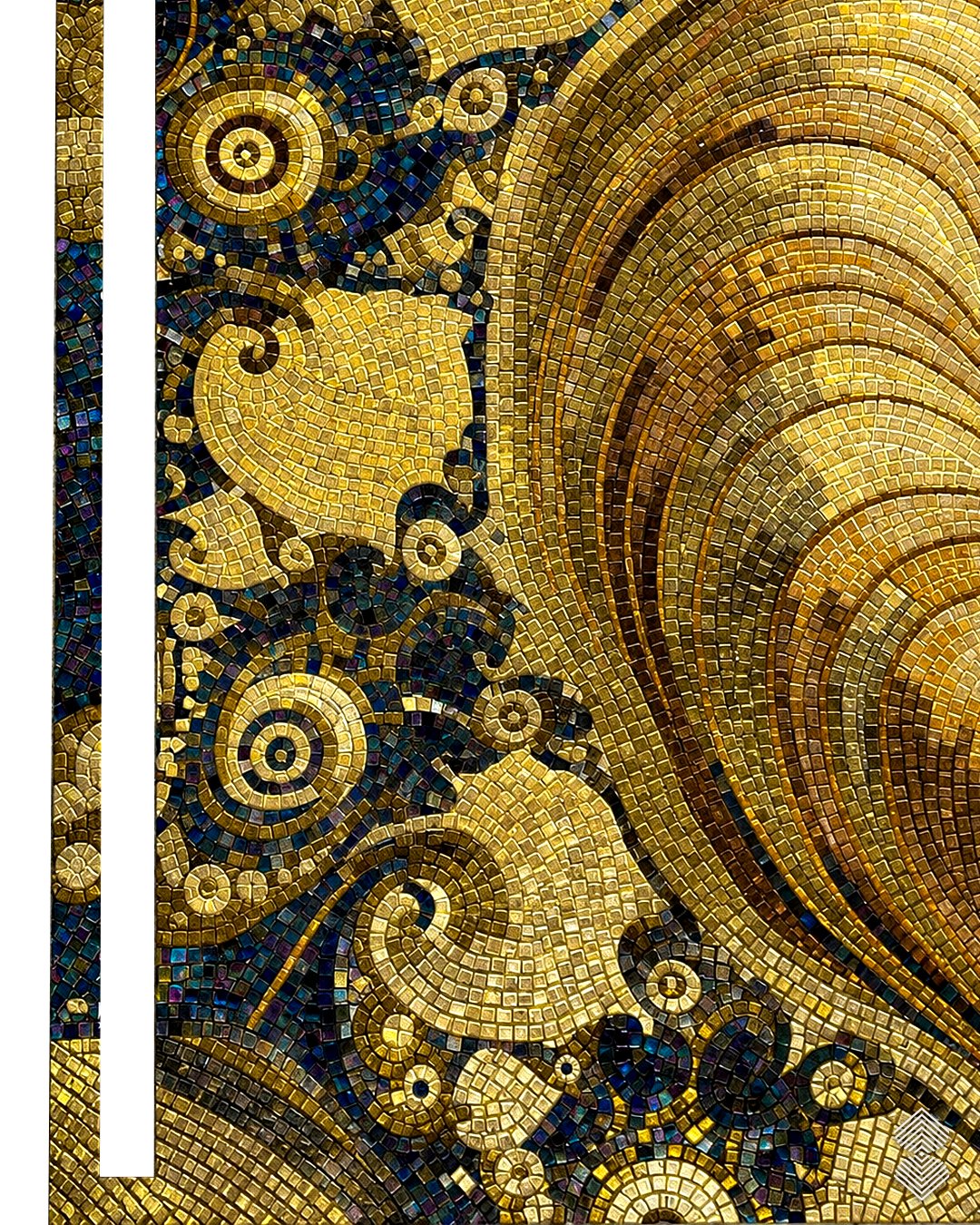 A digital picture of a large gold and dark gray swirling pattern that is shaped to fit perfectly into an L-shaped room.