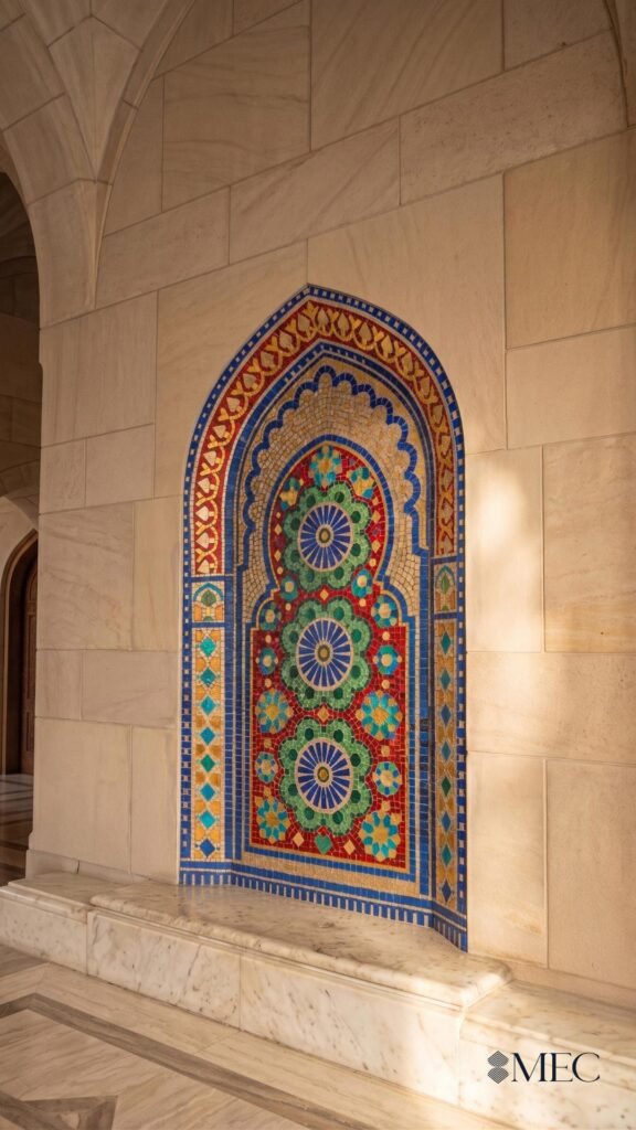 A recessed arched wall niche containing a vibrant mosaic panel with bold red, green, blue, and gold geometric patterns.