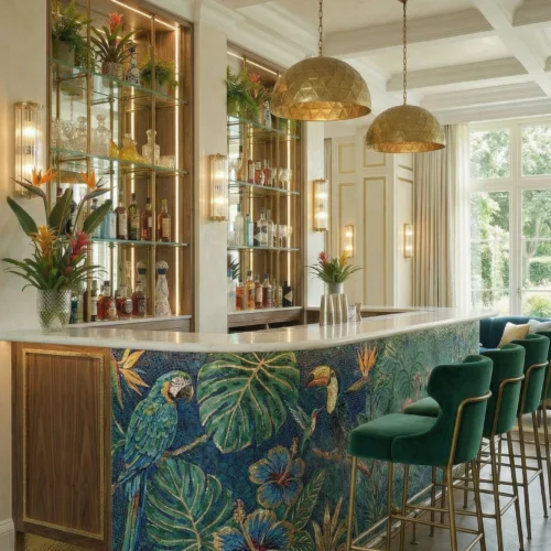 Jade Aviary glass and marble mosaic bar featuring tropical birds, lush leaves, and floral motifs in rich jade, teal, blue, green, and gold tones.