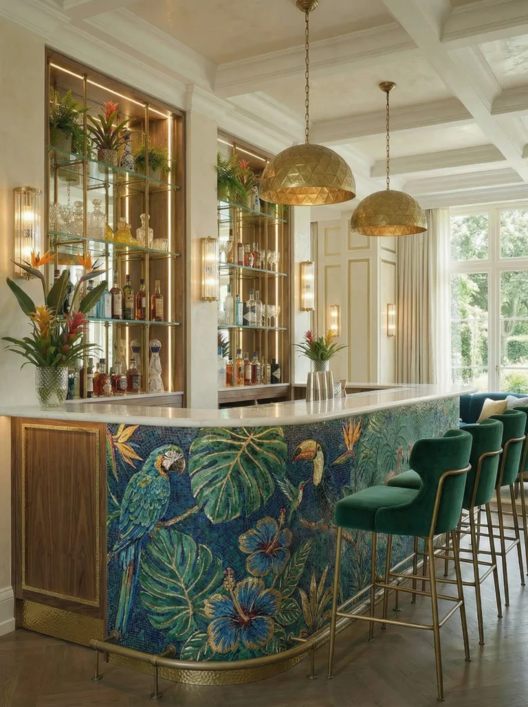 Jade Aviary glass and marble mosaic bar featuring tropical birds, lush leaves, and floral motifs in rich jade, teal, blue, green, and gold tones.
