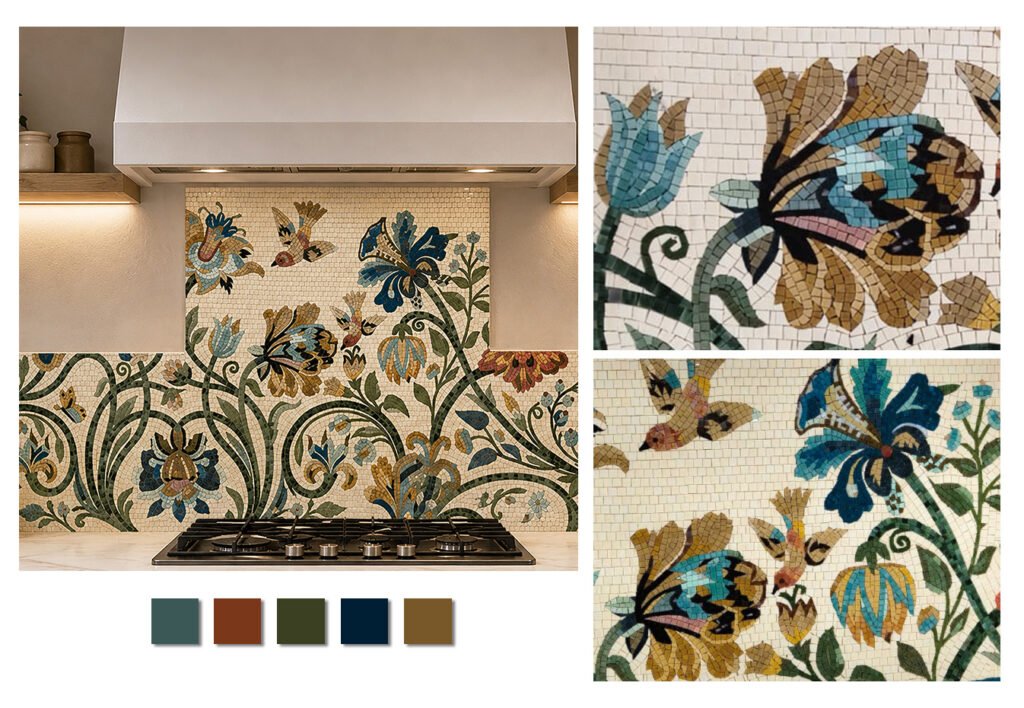The handcrafted glass mosaic kitchen backsplash