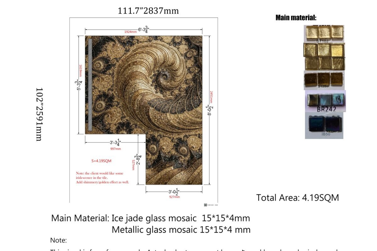 A design plan showcasing a large gold spiral pattern on an L-shaped floor, along with close-up pictures of shiny gold and dark glass tiles.