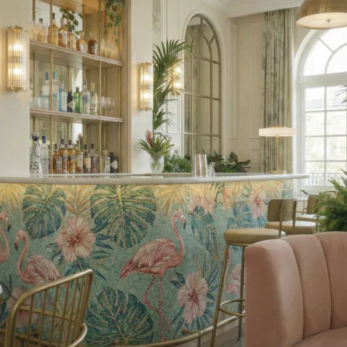 The Rosewater Dale glass and marble mosaic bar featuring pink flamingos, hibiscus flowers, and tropical leaves in soft aqua, blush, green, and rose tones.