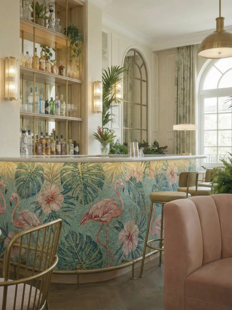 The Rosewater Dale glass and marble mosaic bar featuring pink flamingos, hibiscus flowers, and tropical leaves in soft aqua, blush, green, and rose tones.