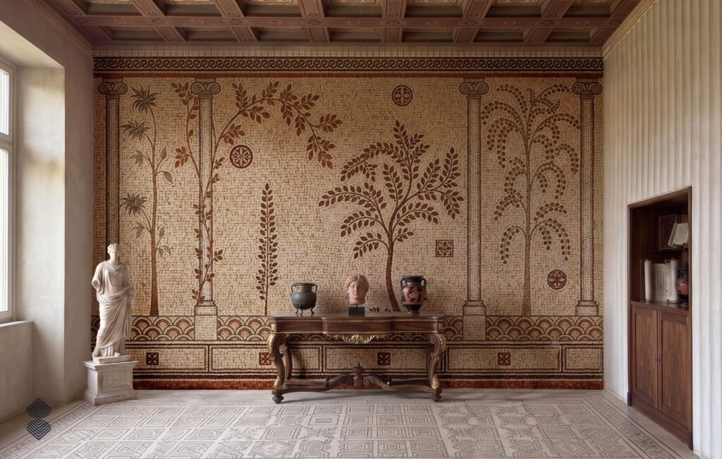 Ancient Roman mosaic motifs with geometric and botanical details