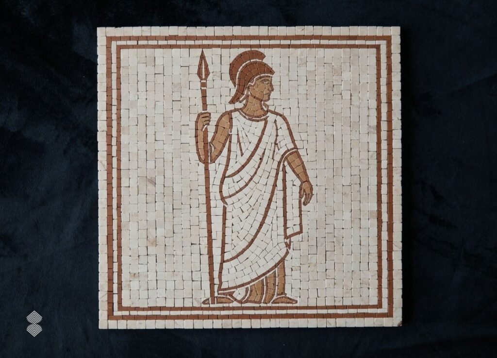 Mythological mosaic motifs created with hand cut tesserae