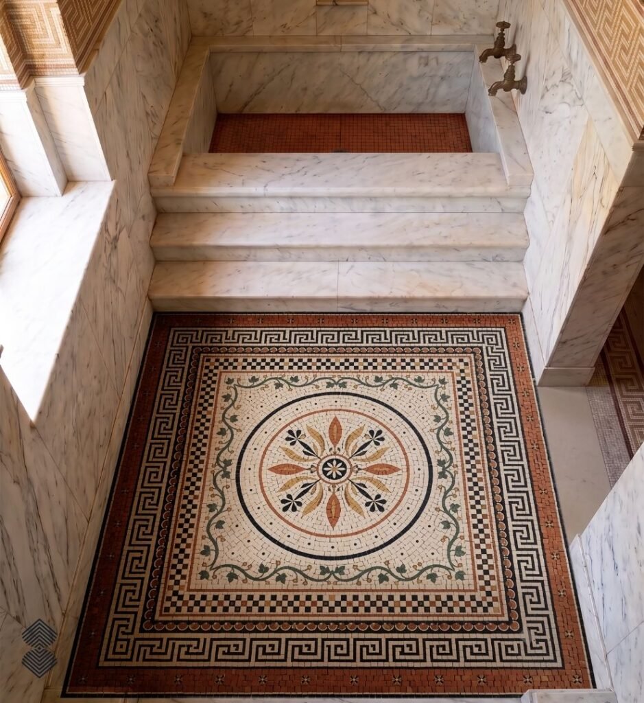 Geometric Roman mosaic with repeating meander border
