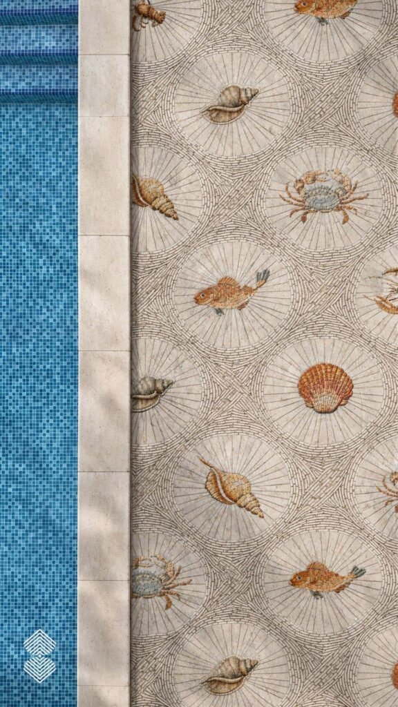 Overhead view of a light stone mosaic deck next to a blue tiled pool, featuring circular medallions with crabs, fish, and seashells.