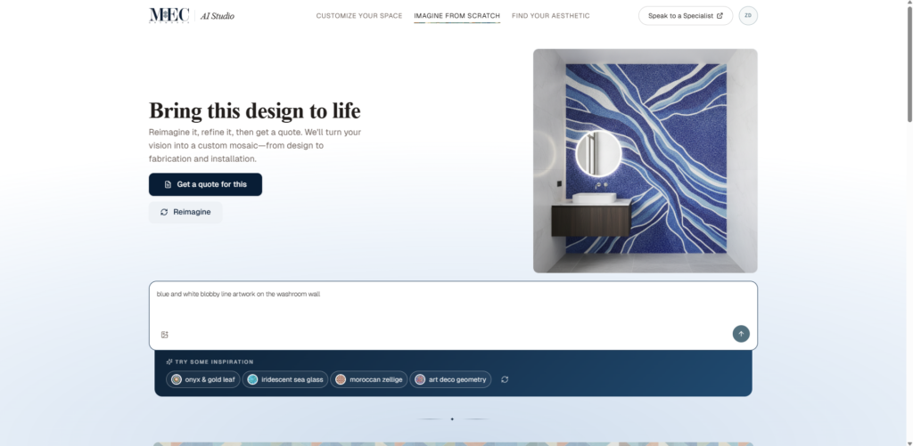 The MEC AI Studio web interface displaying a generated bathroom design with a flowing blue and white mosaic wall, based on a text prompt.
