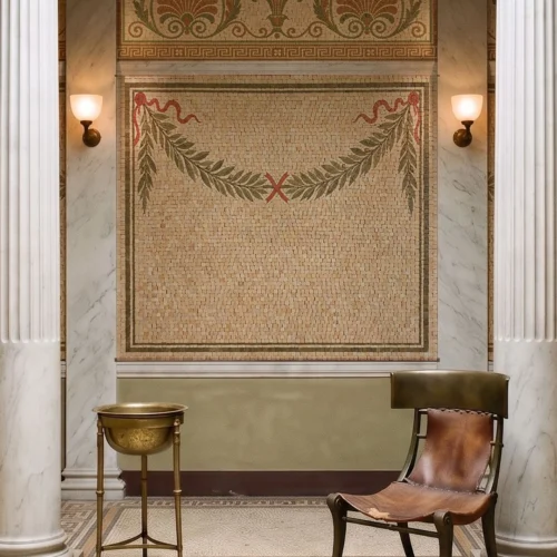 Anthemion Court classical marble mosaic featuring Greco-Roman anthemion motifs, laurel garlands, geometric borders, and warm ivory tones.