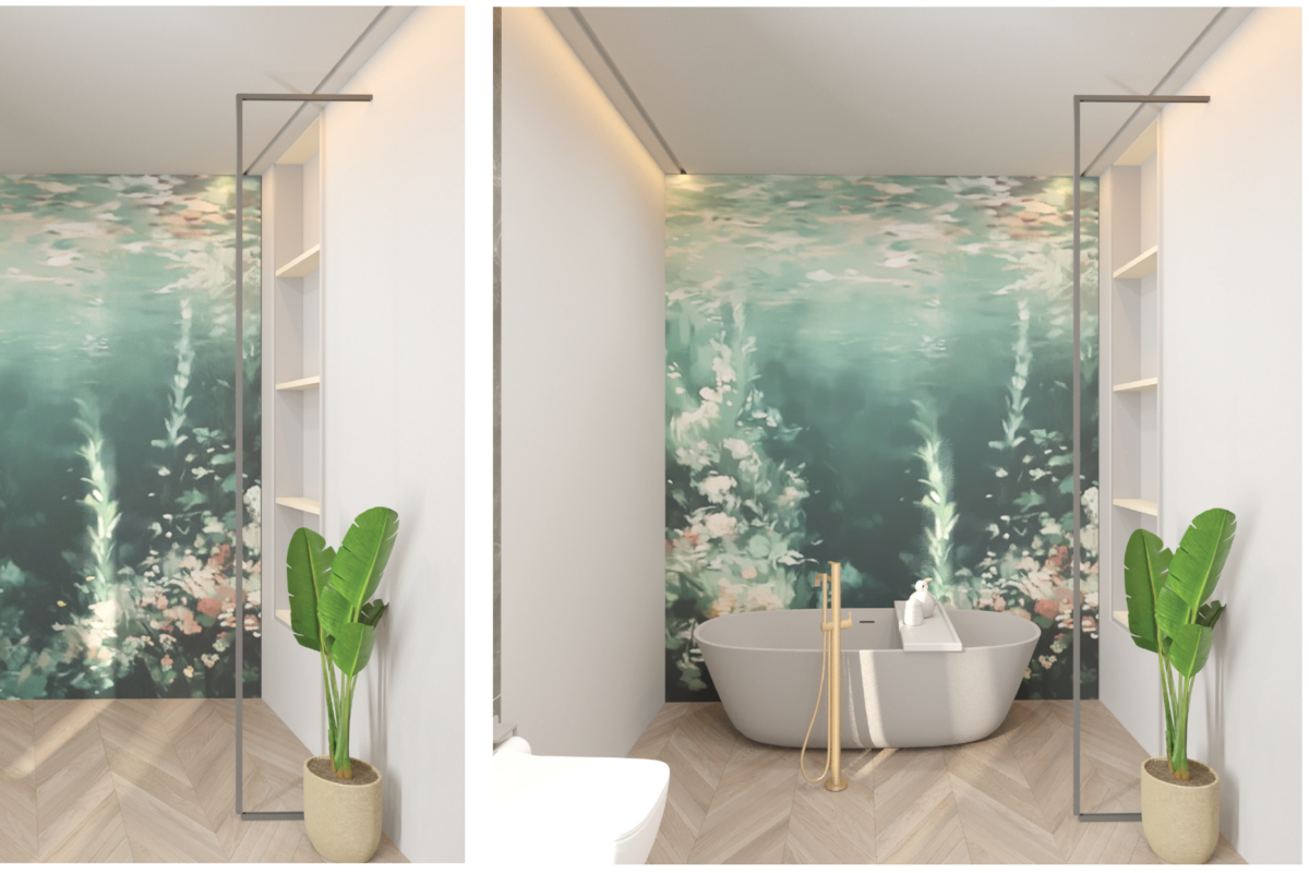 A side-by-side 3D interior render showing Option A of a luxury bathroom installation with a full-height aquatic mural mosaic wall behind a freestanding bathtub.