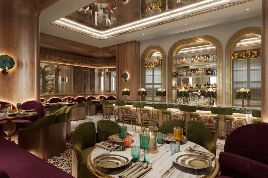 A sophisticated, high-end lounge interior featuring rich green and purple velvet seating and a long, glowing bar with a detailed mosaic front.