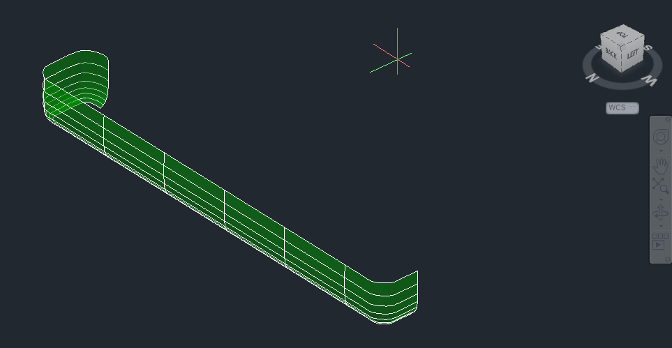 A 3D wireframe CAD model of a curved bar surface, highlighted in green against a dark background, showing the structural outline.